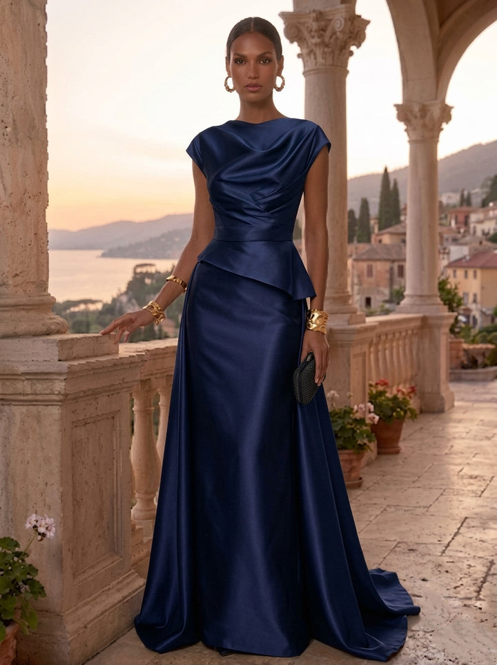 A-Line/Princess Jewel Neck Satin Evening Dresses with Overskirt Floor-Length Ruched Cap Sleeves Formal Dresses