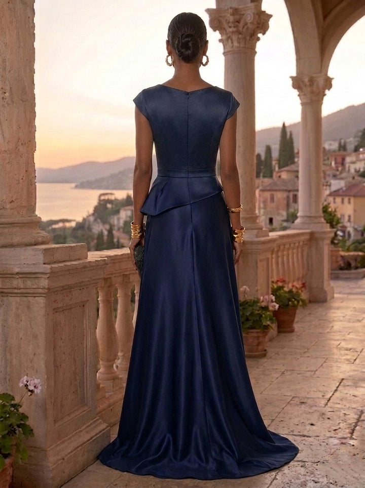 A-Line/Princess Jewel Neck Satin Evening Dresses with Overskirt Floor-Length Ruched Cap Sleeves Formal Dresses