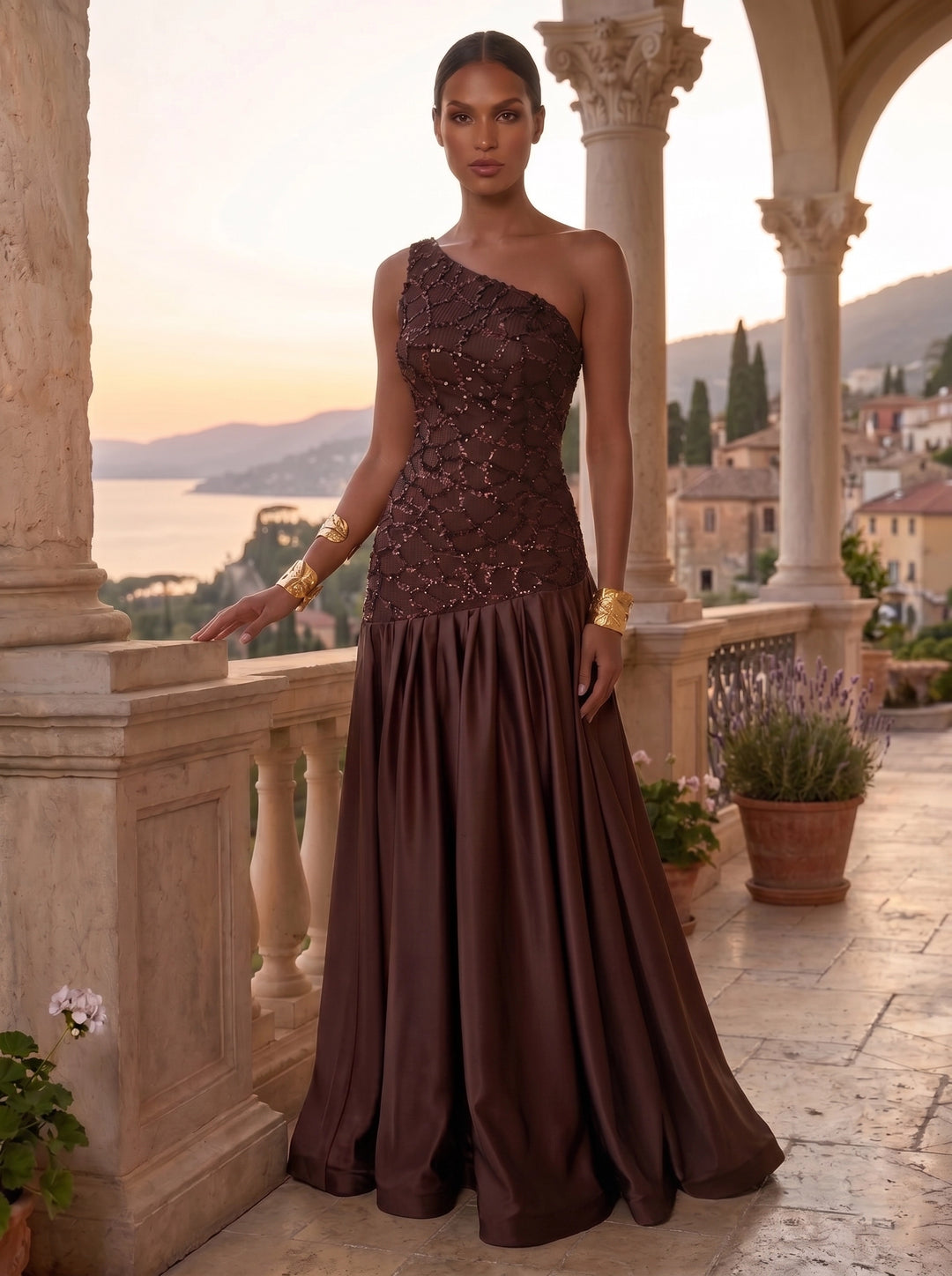 A-Line/Princess One-Shoulder Satin Evening Dresses Sequins Floor-Length Sleeveless Formal Dresses