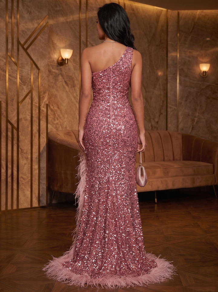 Sheath/Column One-Shoulder Sequins Evening Dresses Sleeveless Feathers Floor-Length Party Dresses with Split Side
