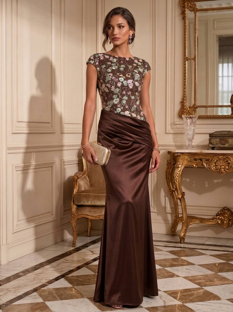 Sheath/Column Jewel Neck Silk Satin Evening Dresses Floral Sequins Floor-Length Cap Sleeves Formal Dresses Ruched