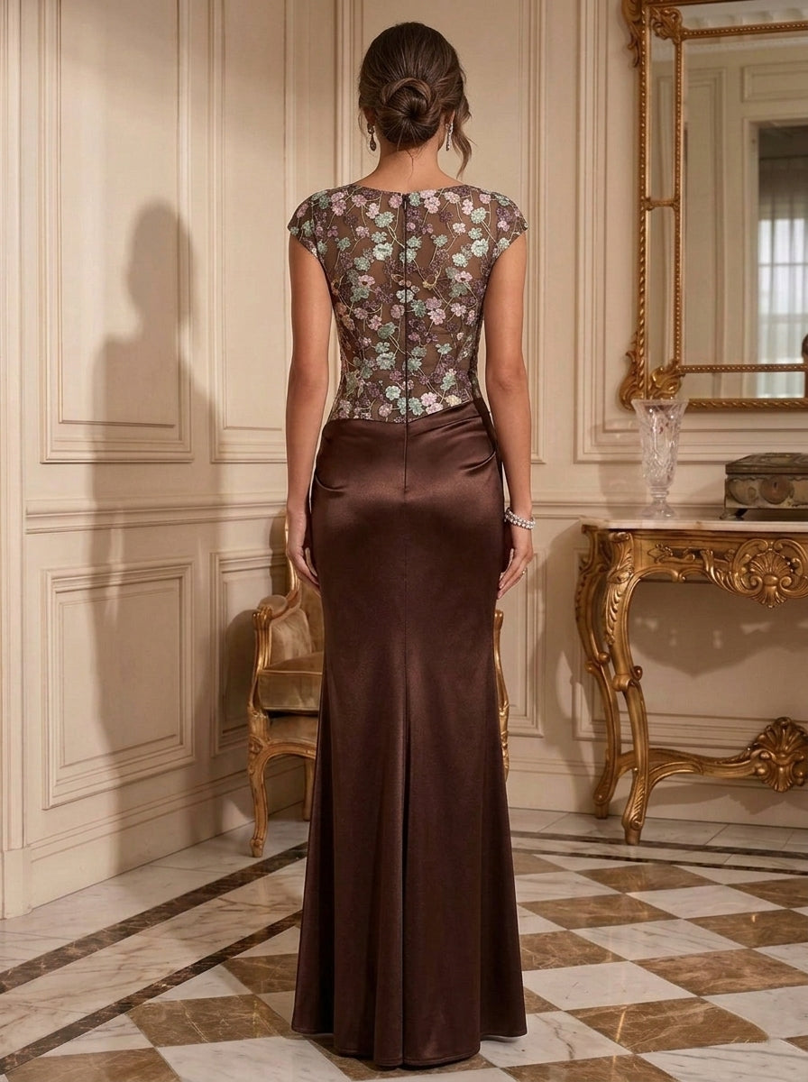 Sheath/Column Jewel Neck Silk Satin Evening Dresses Floral Sequins Floor-Length Cap Sleeves Formal Dresses Ruched