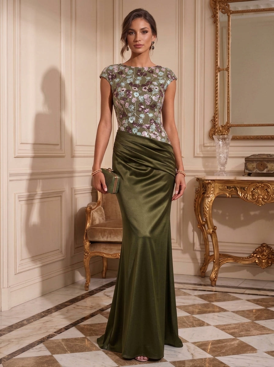 Sheath/Column Jewel Neck Silk Satin Evening Dresses Floral Sequins Floor-Length Cap Sleeves Formal Dresses Ruched