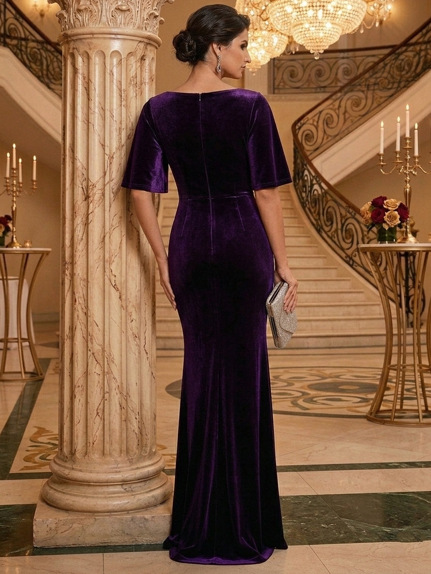 Sheath/Column Square Neck Velvet Evening Dresses Floor-Length Party Dresses Short Sleeves