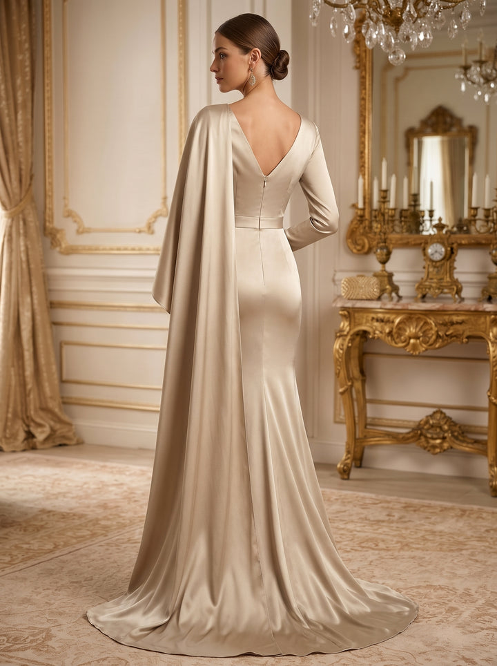 Trumpet/Mermaid V-Neck Satin Evening Dresses Floor-Length Ruched Long Sleeves Formal Dresses
