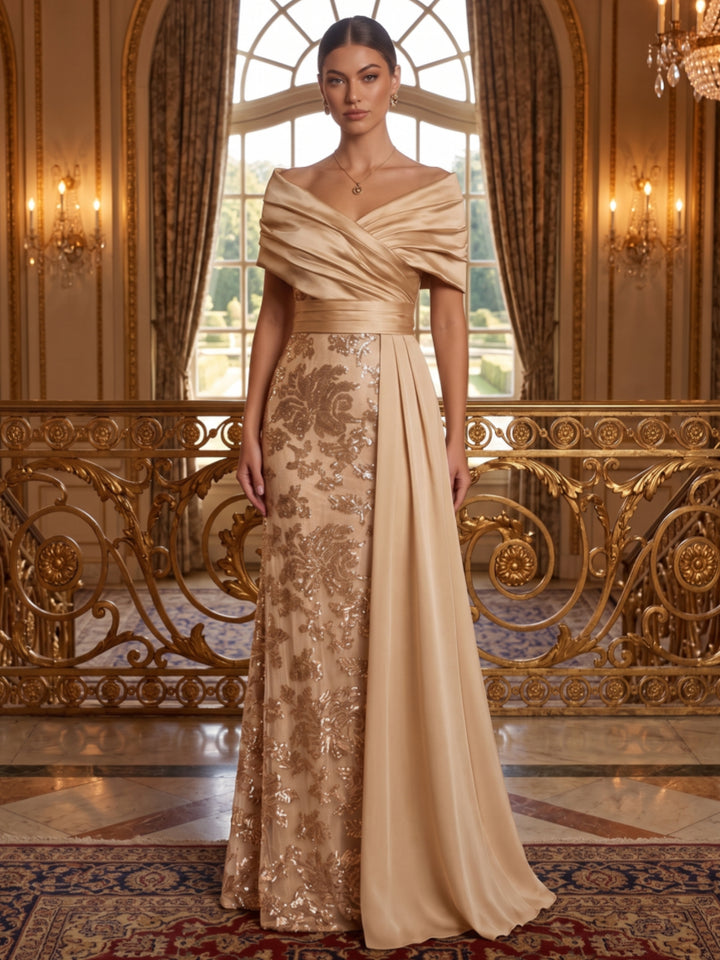 A-Line/Princess Off-the-Shoulder Silk Satin Evening Dresses Floral Sequins Sleeveless Floor-Length Formal Dresses