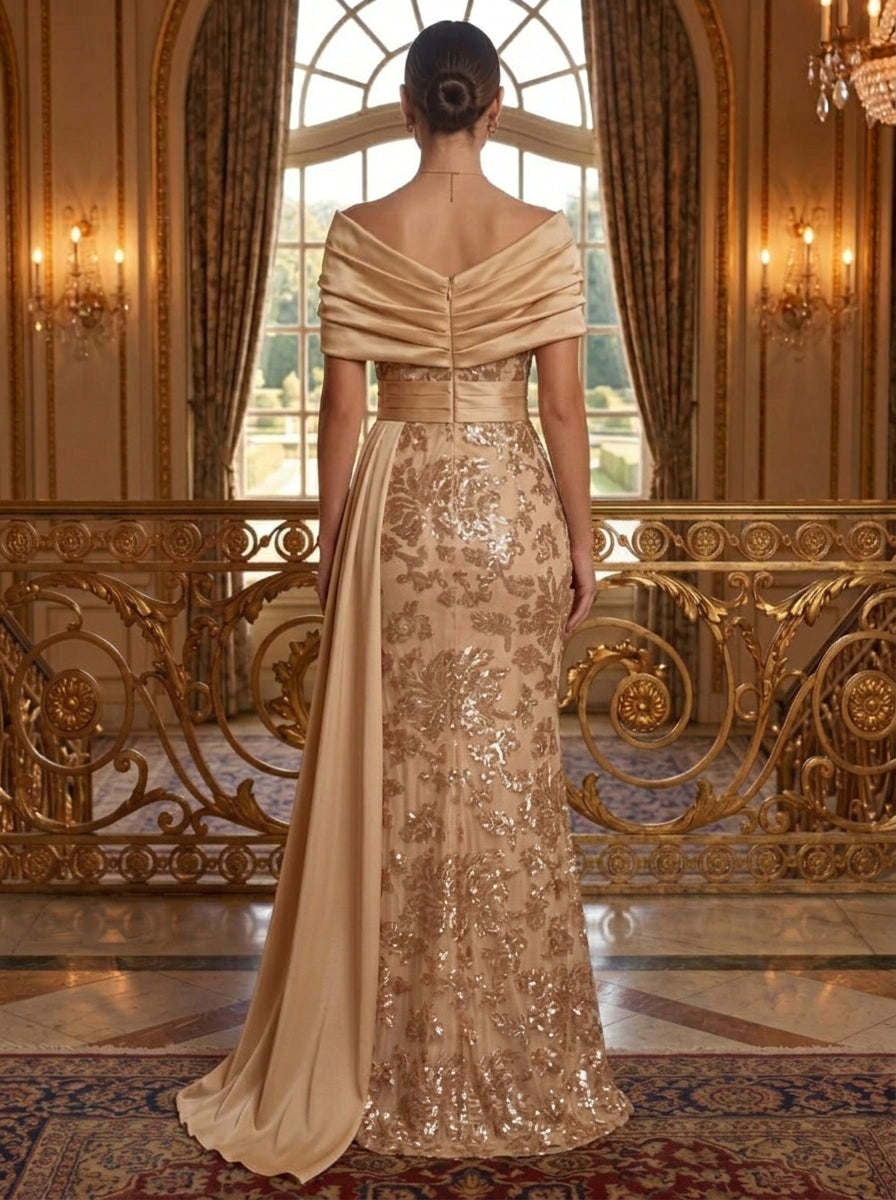 A-Line/Princess Off-the-Shoulder Silk Satin Evening Dresses Floral Sequins Sleeveless Floor-Length Formal Dresses