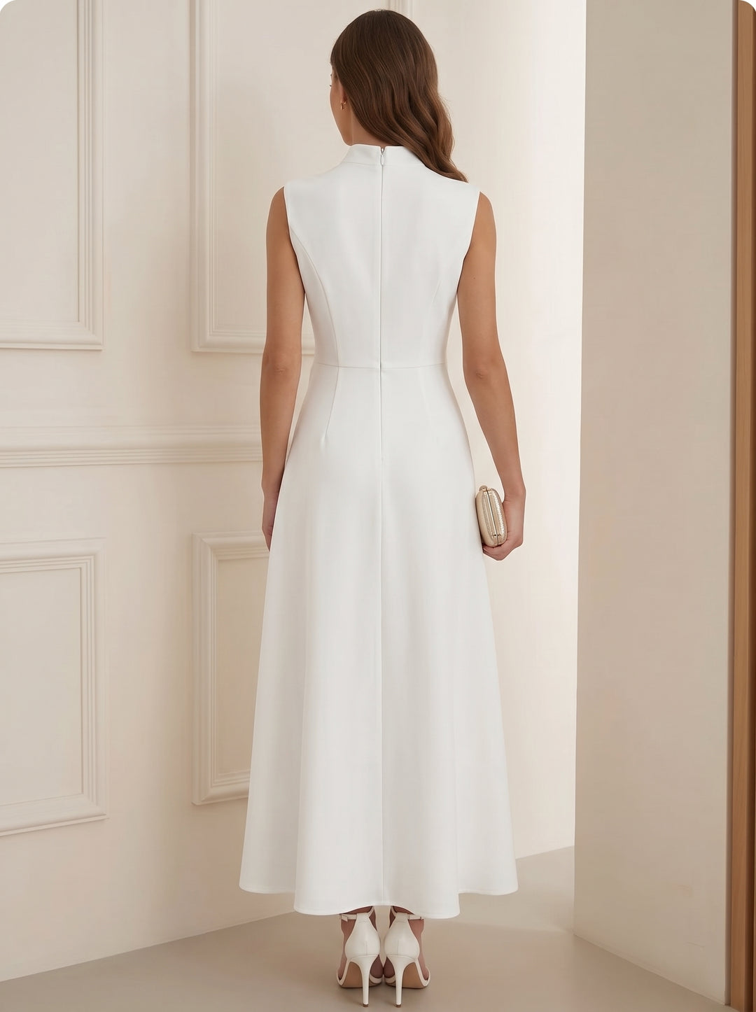A-Line/Princess Mock Neck Stretch Satin Cocktail Dresses Ankle-Length Sleeveless Little White Dresses Party Dresses Bowknot