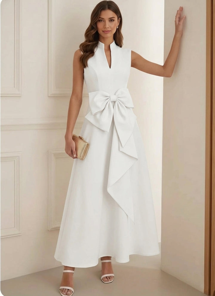 A-Line/Princess Mock Neck Stretch Satin Cocktail Dresses Ankle-Length Sleeveless Little White Dresses Party Dresses Bowknot