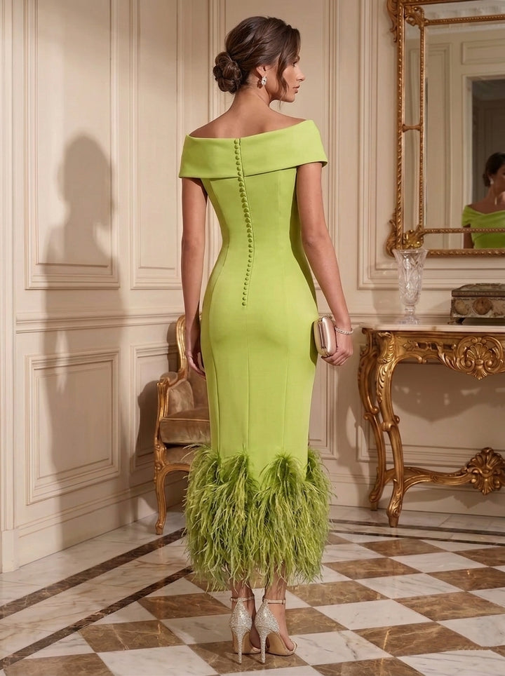 Sheath/Column Off-the-Shoulder Stretch Satin Evening Dresses Tea-Length Sleeveless Feathers Formal Dresses