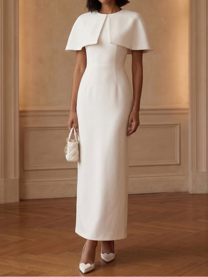 Sheath/Column Scoop Satin Cocktail Dresses Ankle-Length Cape Sleeves Little White Dresses