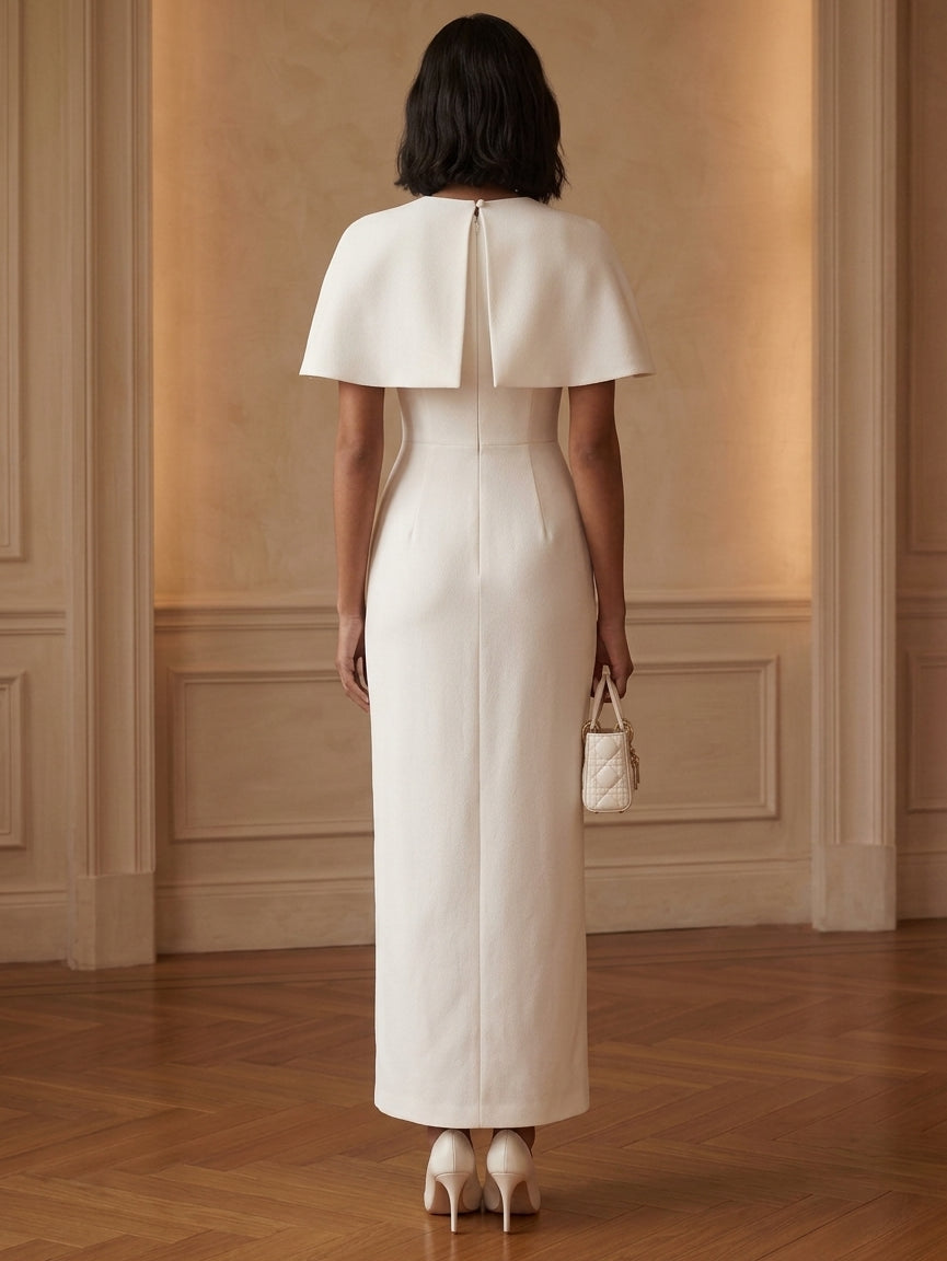 Sheath/Column Scoop Satin Cocktail Dresses Ankle-Length Cape Sleeves Little White Dresses