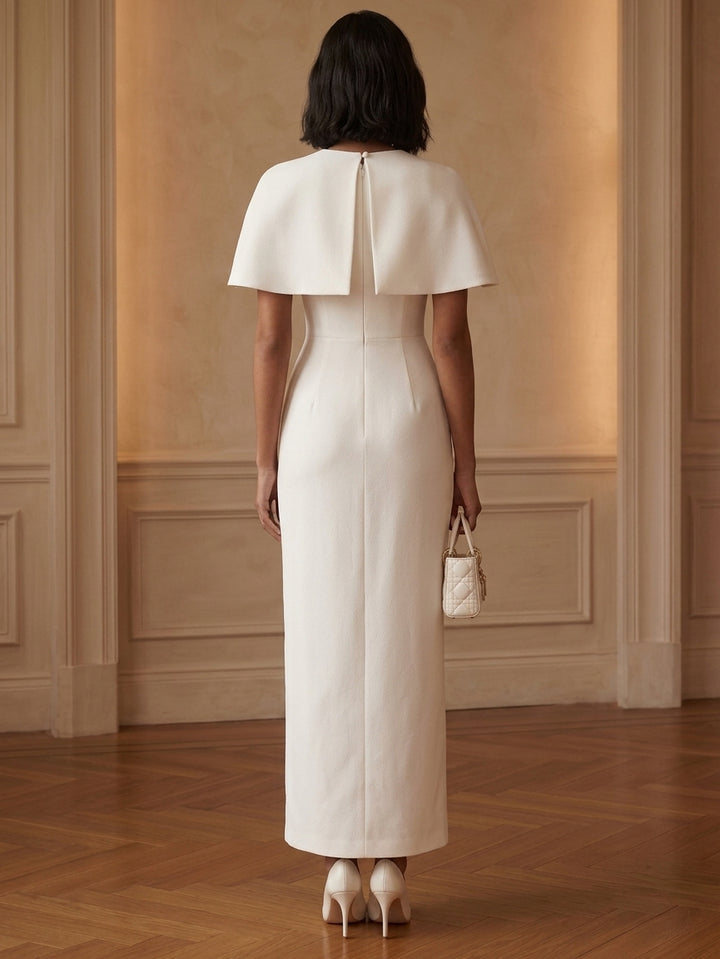Sheath/Column Scoop Satin Cocktail Dresses Ankle-Length Cape Sleeves Little White Dresses