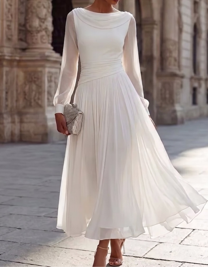 A-Line/Princess Boat Neck Chiffon Cocktail Dresses Long Sleeves Tea-Length Pleated Little White Dresses Ruched Party Dresses