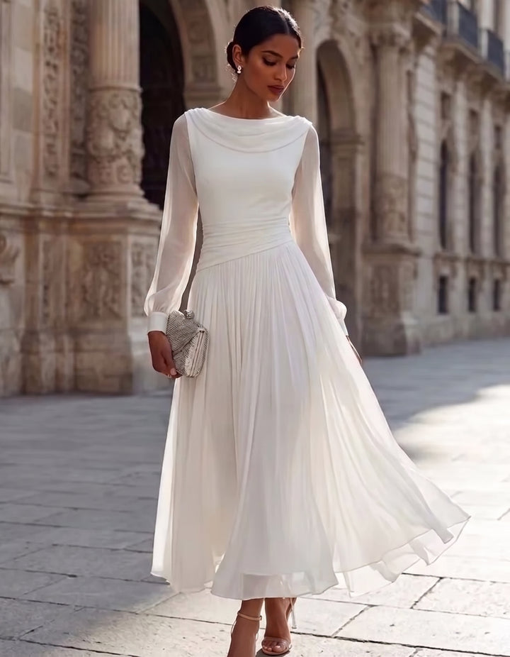 A-Line/Princess Boat Neck Chiffon Cocktail Dresses Long Sleeves Tea-Length Pleated Little White Dresses Ruched Party Dresses