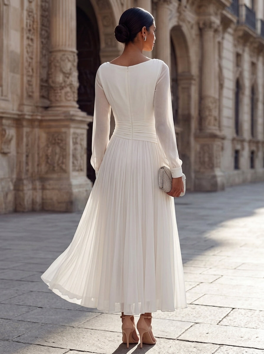 A-Line/Princess Boat Neck Chiffon Cocktail Dresses Long Sleeves Tea-Length Pleated Little White Dresses Ruched Party Dresses