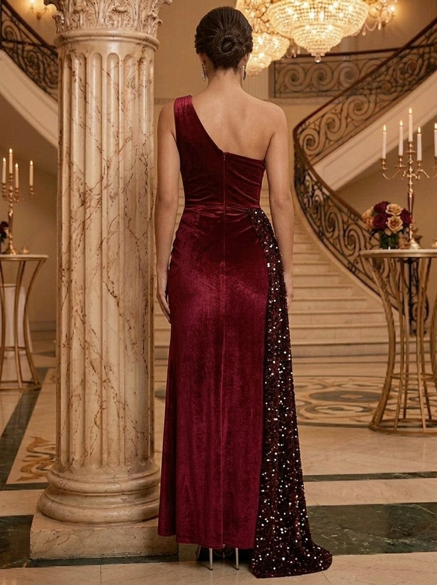 Sheath/Column One-Shoulder Velvet Evening Dresses Sequins Ankle-Length Sleeveless Formal Dresses