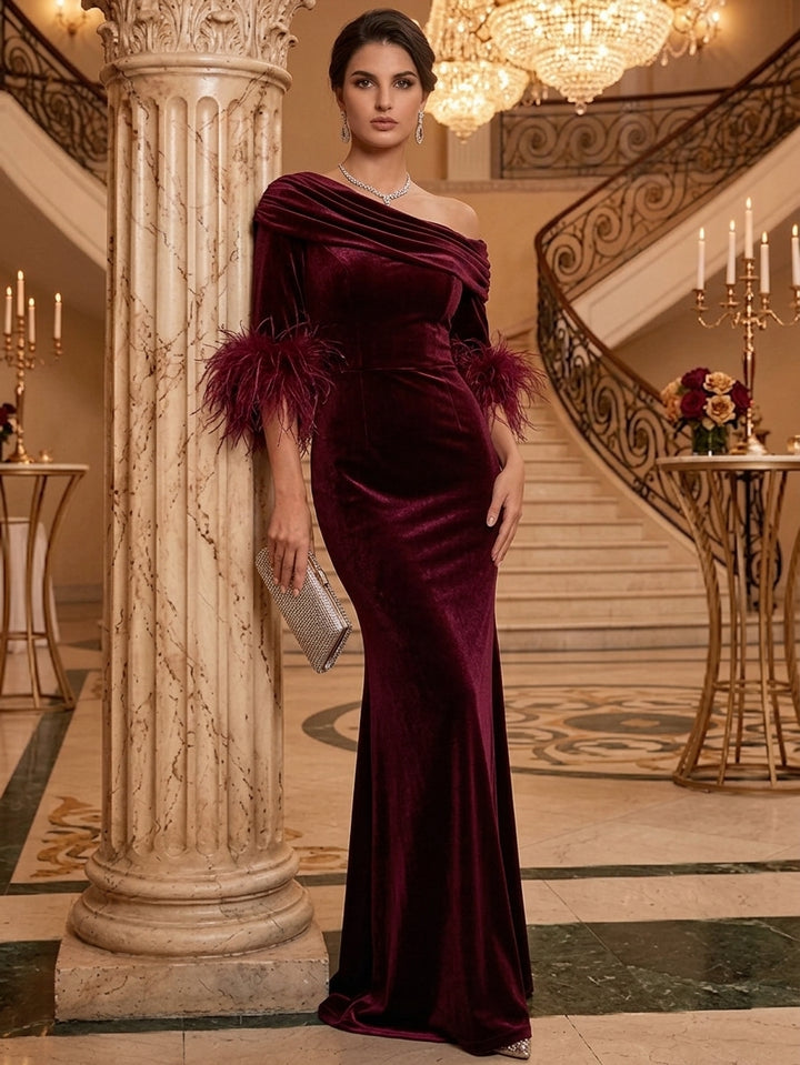 Sheath/Column One-Shoulder Velvet Evening Dresses with Feathers Floor-Length Half Sleeves Ruched Formal Dresses
