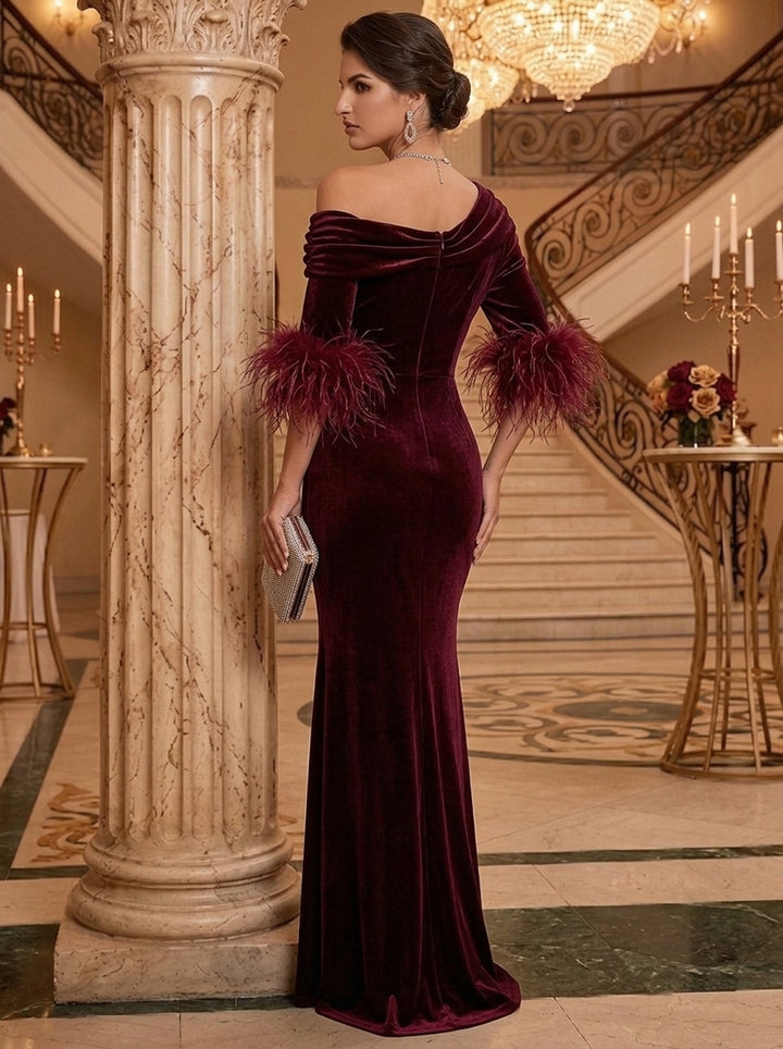 Sheath/Column One-Shoulder Velvet Evening Dresses with Feathers Floor-Length Half Sleeves Ruched Formal Dresses