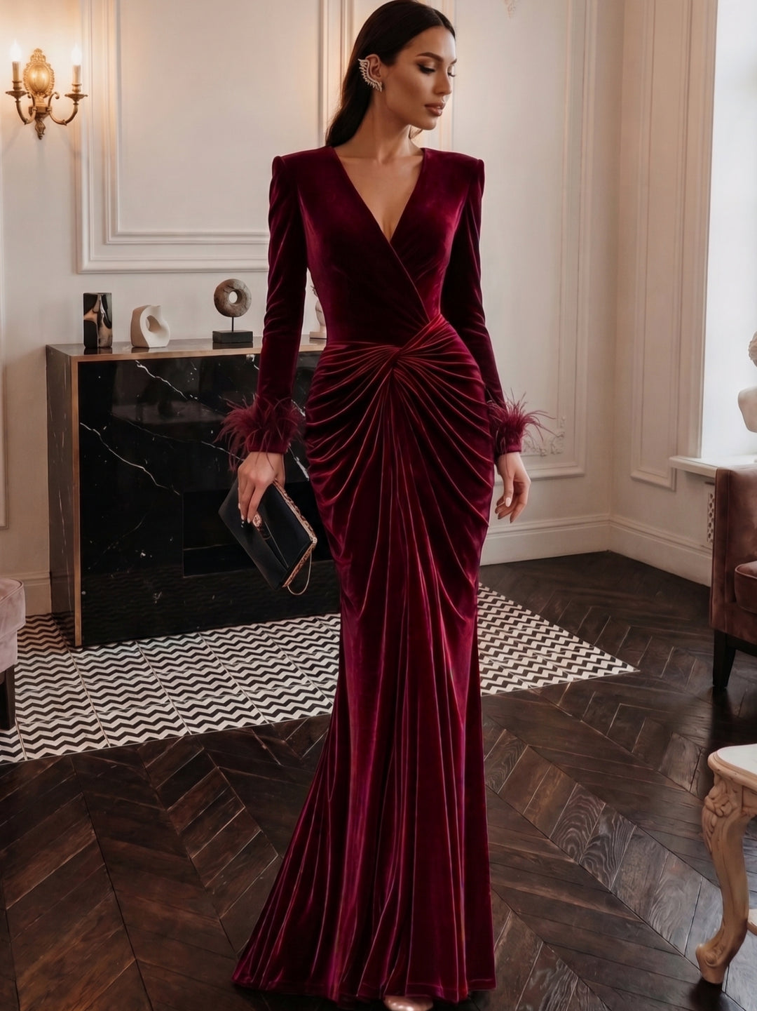 Sheath/Column V-Neck Velvet Evening Dresses with Feathers Floor-Length Long Sleeves Ruched Formal Dresses