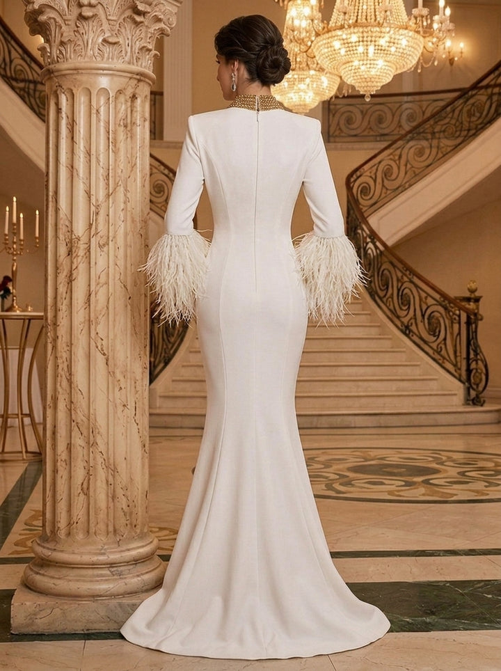 Trumpet/Mermaid Mock Neck Stretch Satin Evening Dresses with Feathers Floor-Length Hollow Long Sleeves Formal Dresses