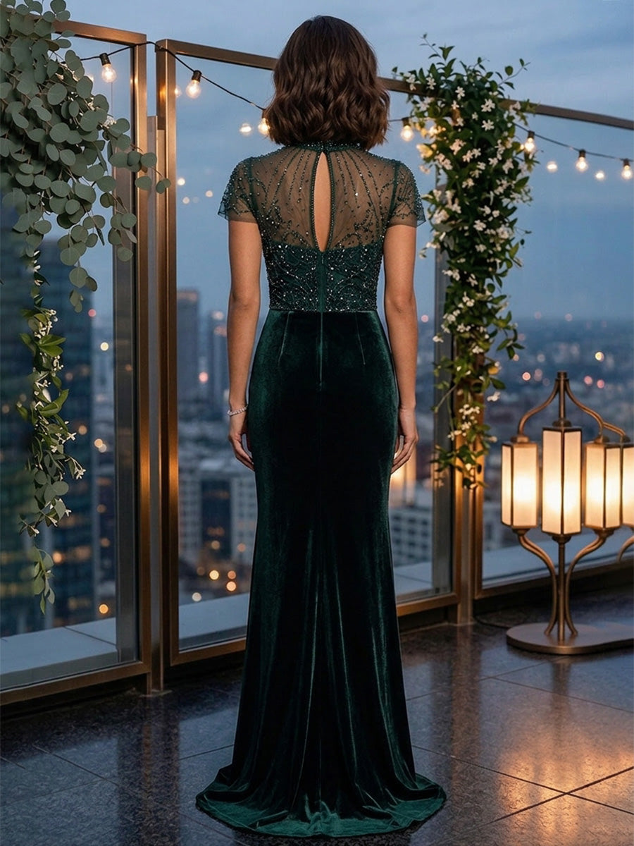 Sheath/Column Mock Neck Velvet Evening Dresses Floor-Length Short Sleeves Formal Dresses Sequins