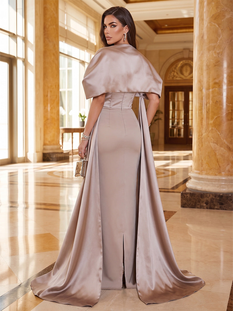 Sheath/Column Strapless Evening Dresses Floor-Length Sleeveless Formal Dresses with Satin Wrap