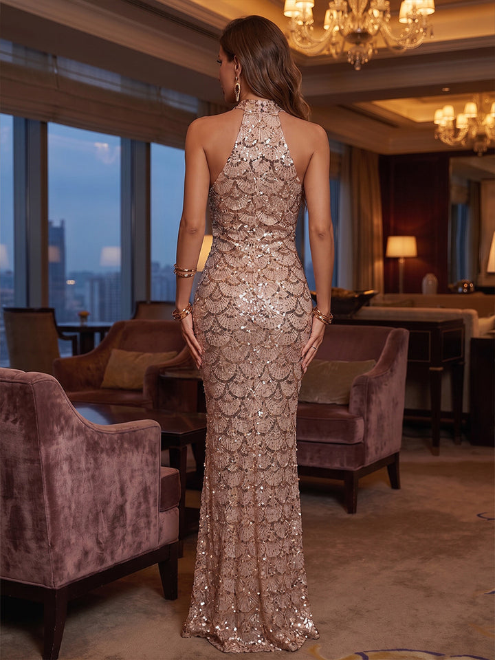 Sheath/Column Halter Sequins Evening Dresses Floor-Length Sleeveless Formal Dresses