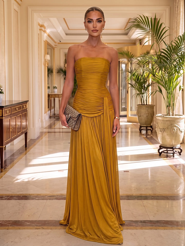 A-Line/Princess Strapless Spandex Evening Dresses Floor-Length Sleeveless  Formal Dresses Ruched