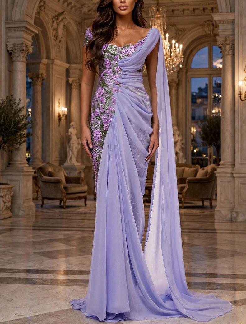 Sheath/Column Scoop Sequins Evening Dresses Floor-Length Chiffon Sleeveless Formal Dresses