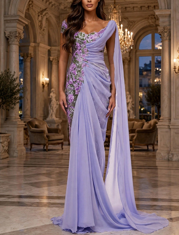Sheath/Column Scoop Sequins Evening Dresses Floor-Length Chiffon Sleeveless Formal Dresses
