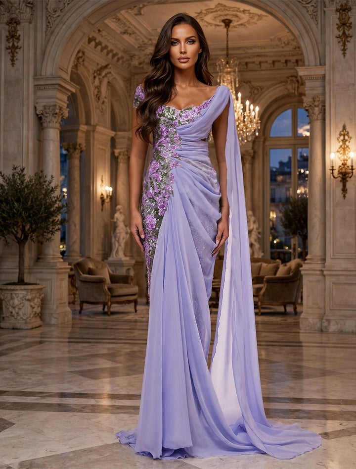 Sheath/Column Scoop Sequins Evening Dresses Floor-Length Chiffon Sleeveless Formal Dresses