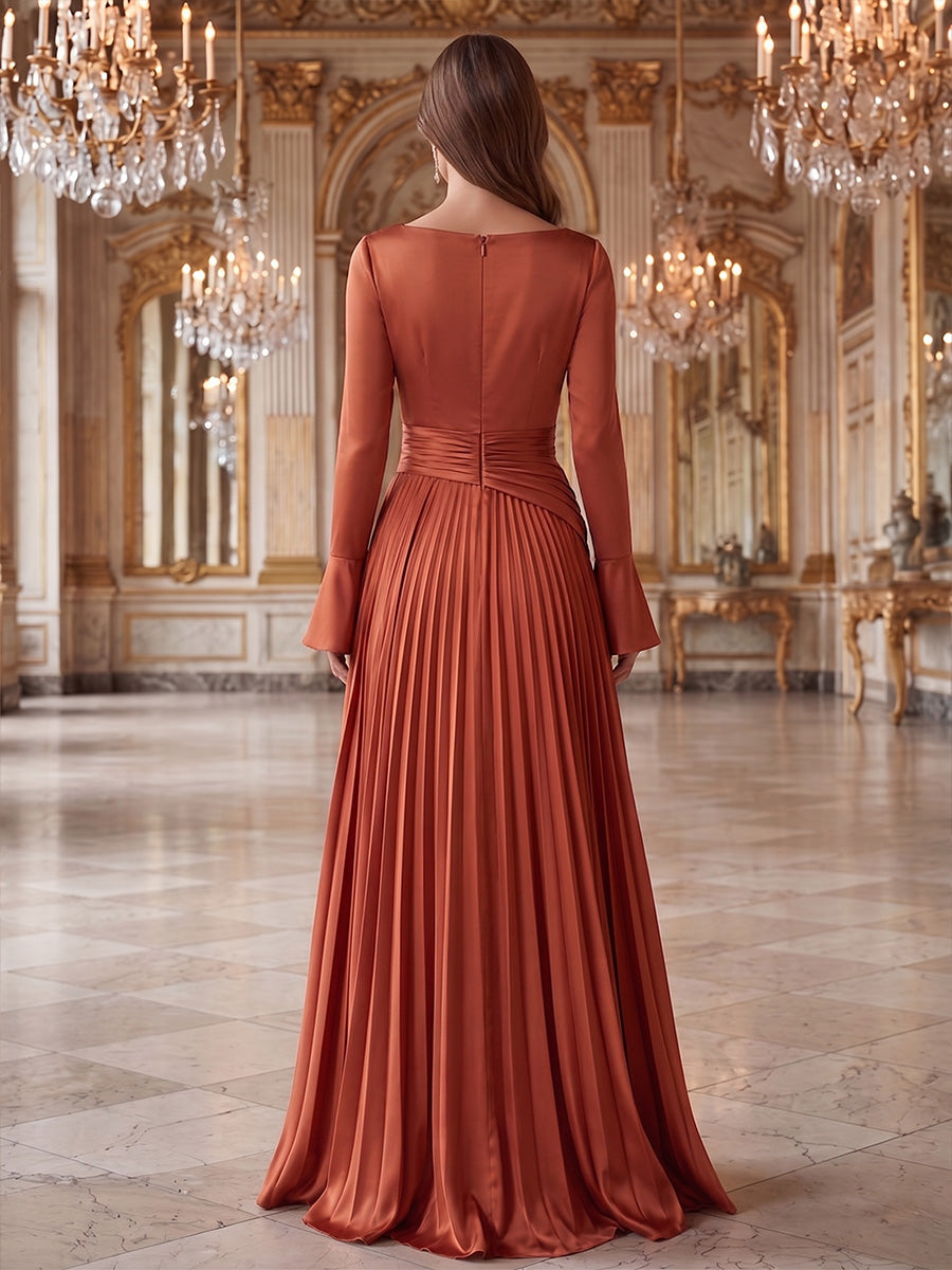 A-Line/Princess Cowl Neck Silk Satin Evening Dresses with Split Side Long Sleeves Floor-Length Formal Dresses