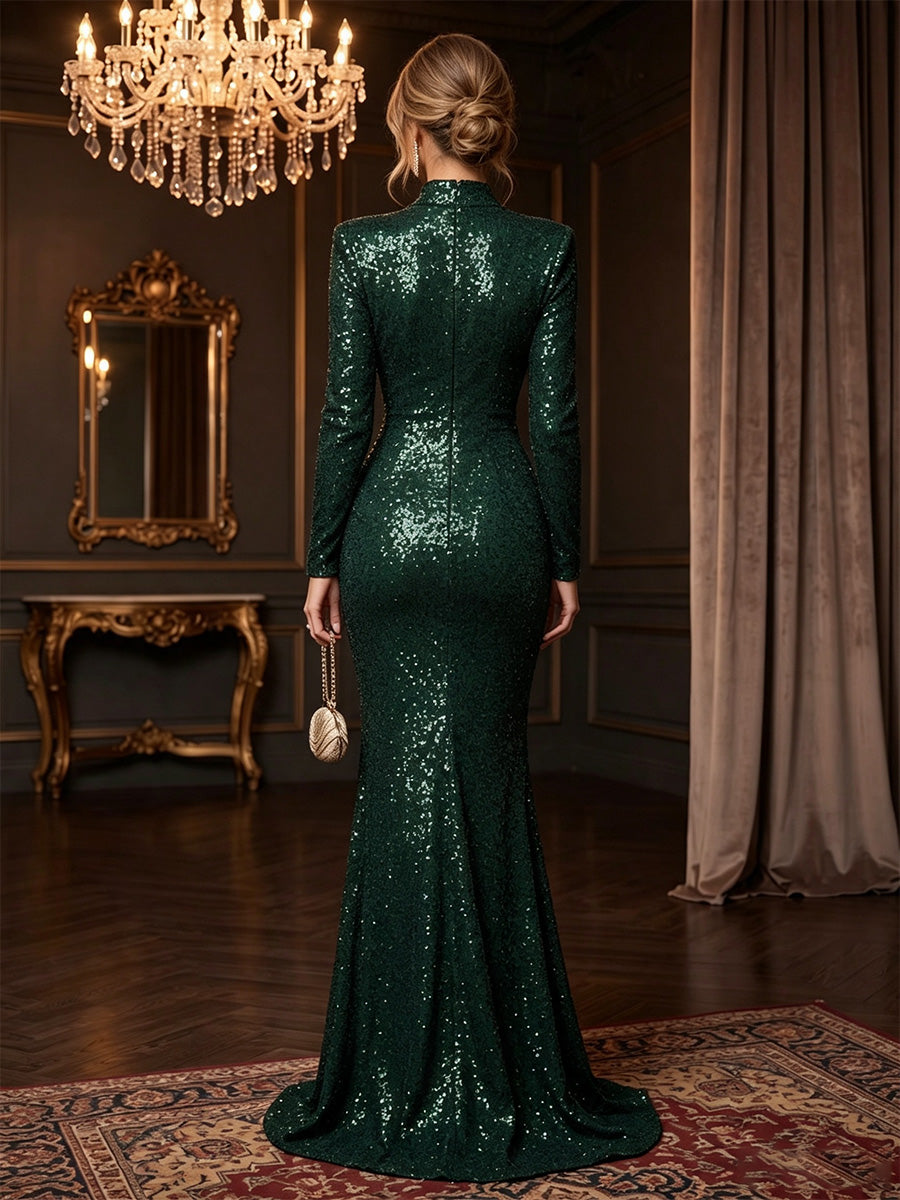 Sheath/Column Mock Neck Sequins Evening Dresses Floor-Length Long Sleeves Formal Dresses