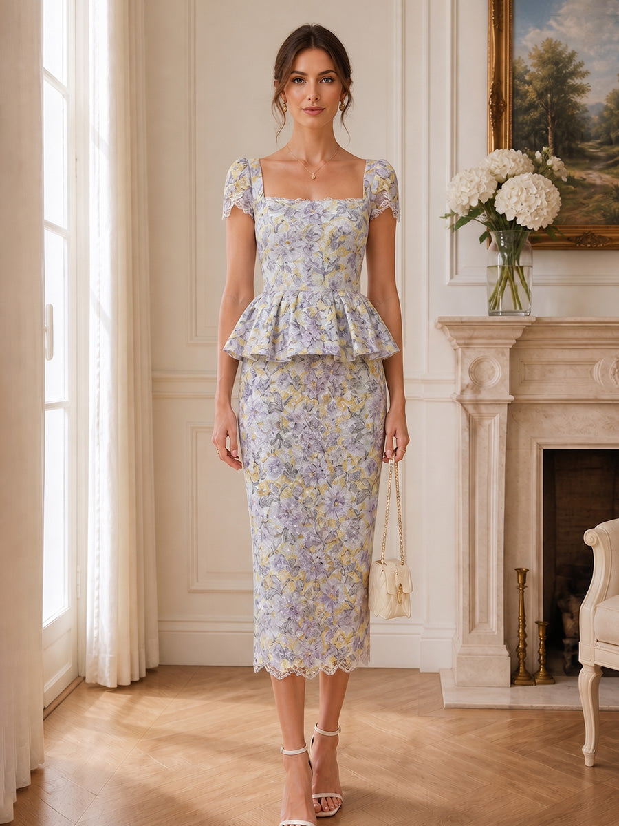 Sheath/Column Square Neck Floral Cocktail Dresses Short Sleeves Tea-Length Party Dresses with Lace