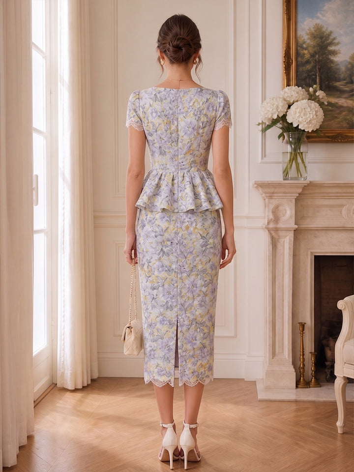 Sheath/Column Square Neck Floral Cocktail Dresses Short Sleeves Tea-Length Party Dresses with Lace
