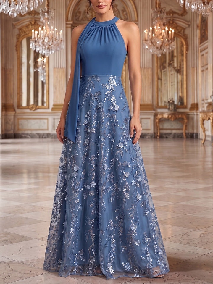 A-Line/Princess Halter Formal Dresses Floral Sequins Floor-Length Sleeveless Evening Dresses