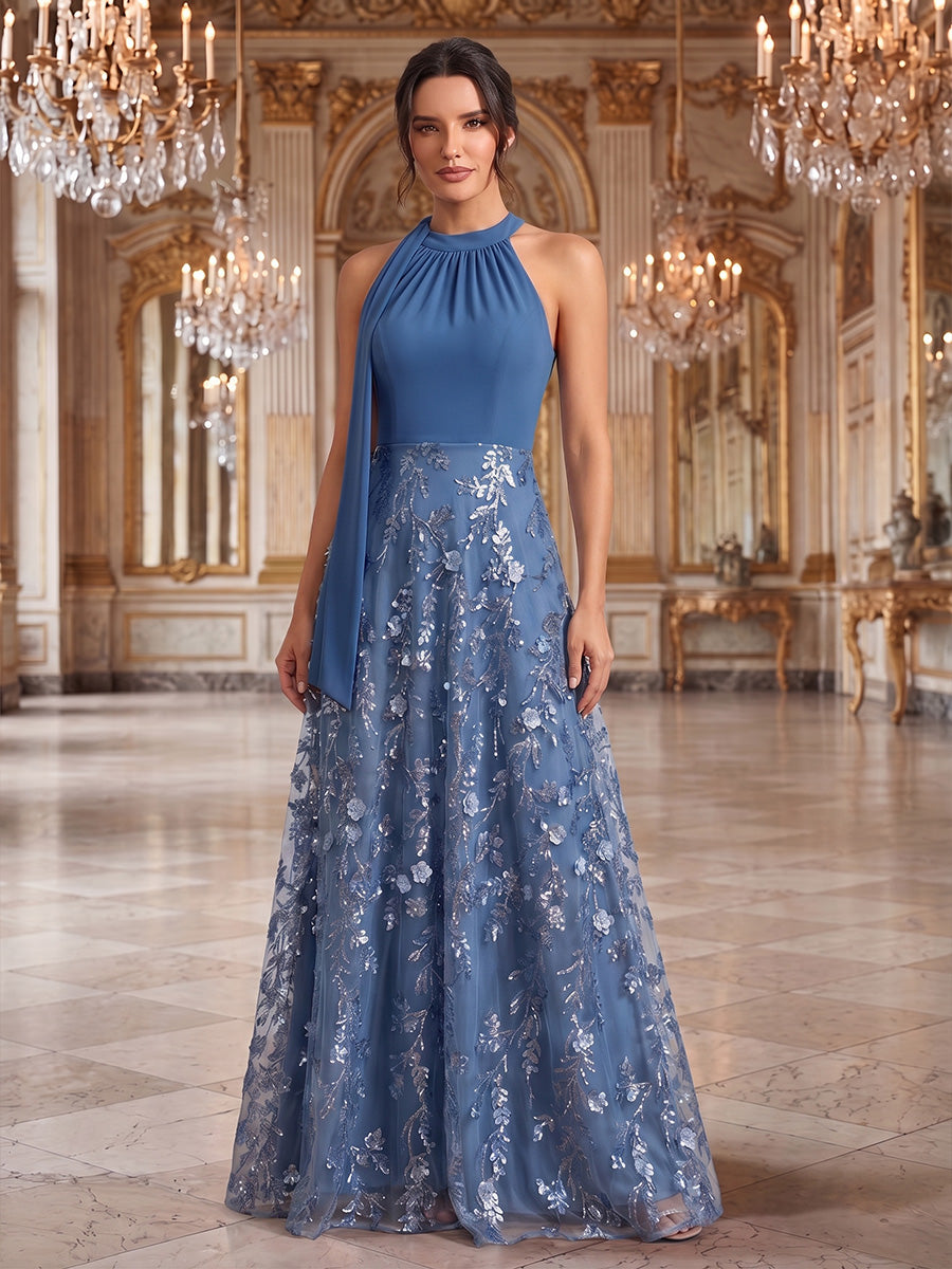 A-Line/Princess Halter Formal Dresses Floral Sequins Floor-Length Sleeveless Evening Dresses
