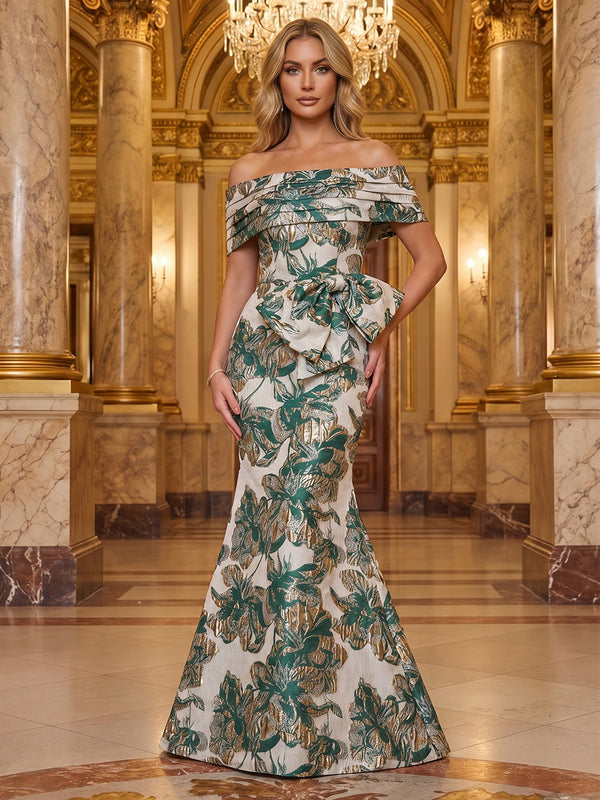 Trumpet/Column Off-the-Shoulder Jacquard Formal Dresses with Bowknot Floor-Length Sleeveless Evening Dresses