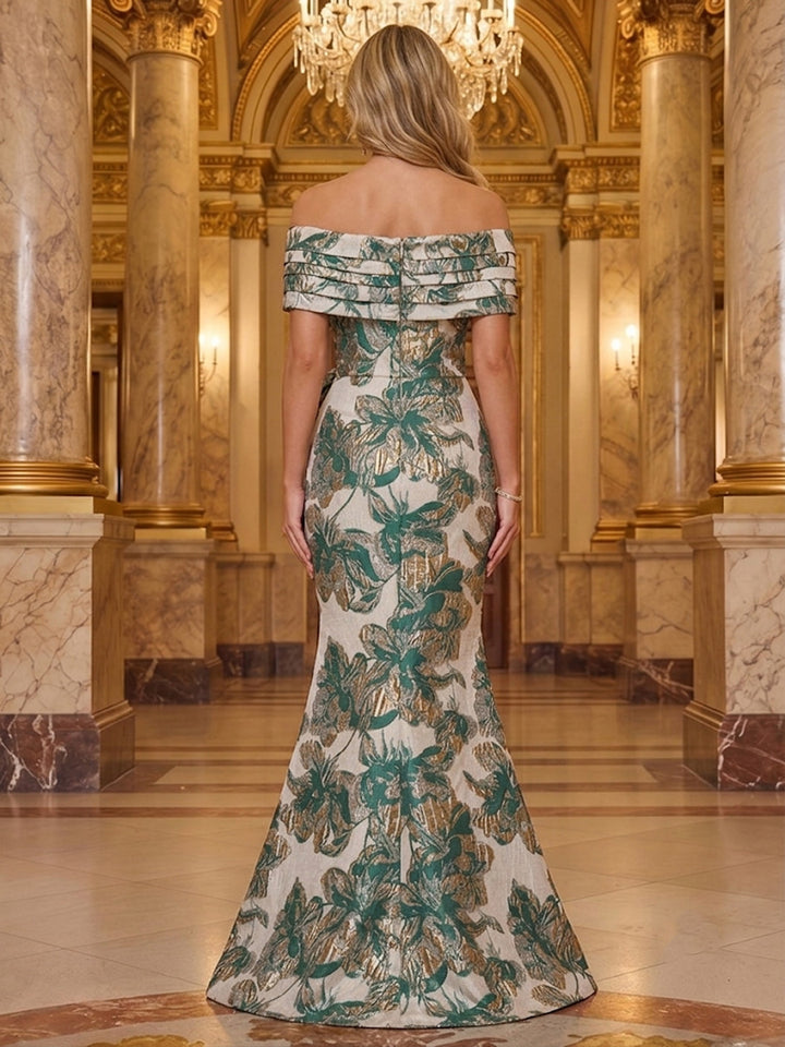 Trumpet/Column Off-the-Shoulder Jacquard Formal Dresses with Bowknot Floor-Length Sleeveless Evening Dresses