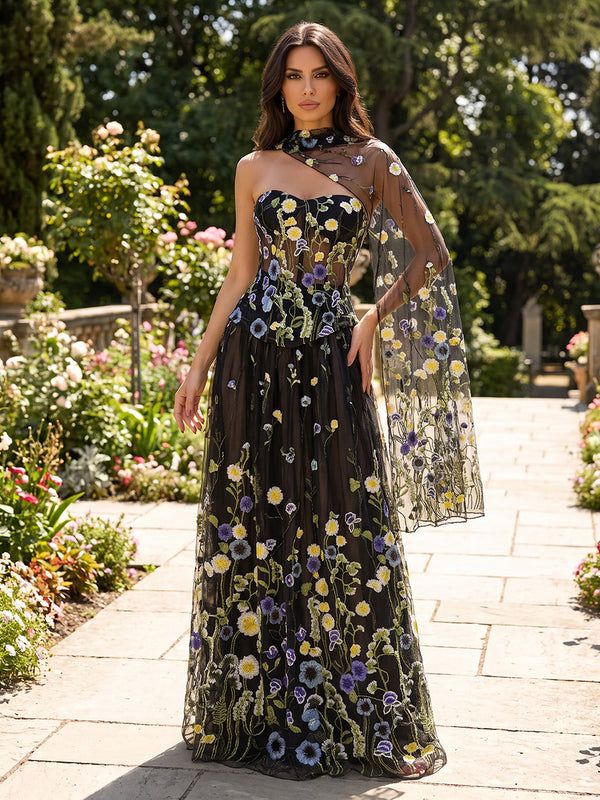 A-Line/Princess Strapless Formal Dresses Lace Embroidery Floor-Length Sleeveless Evening Dresses with Scarf