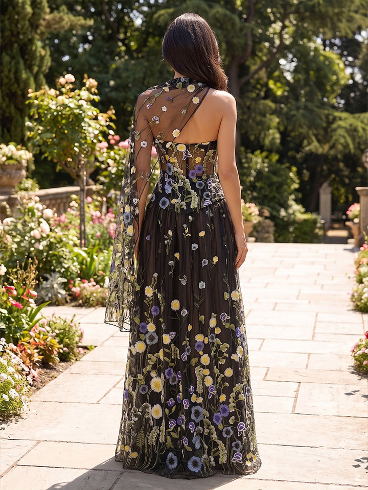 A-Line/Princess Strapless Formal Dresses Lace Embroidery Floor-Length Sleeveless Evening Dresses with Scarf