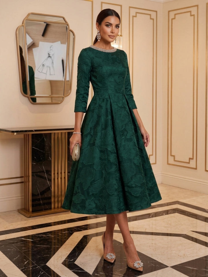 A-Line/Princess Jewel Neck Chiffon Floral Cocktail Dresses 3/4 Sleeves Tea-Length Party Dresses