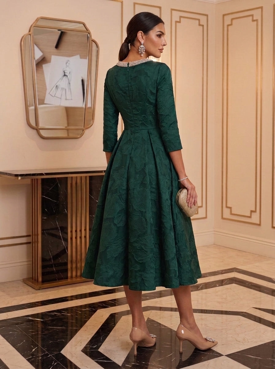 A-Line/Princess Jewel Neck Chiffon Floral Cocktail Dresses 3/4 Sleeves Tea-Length Party Dresses