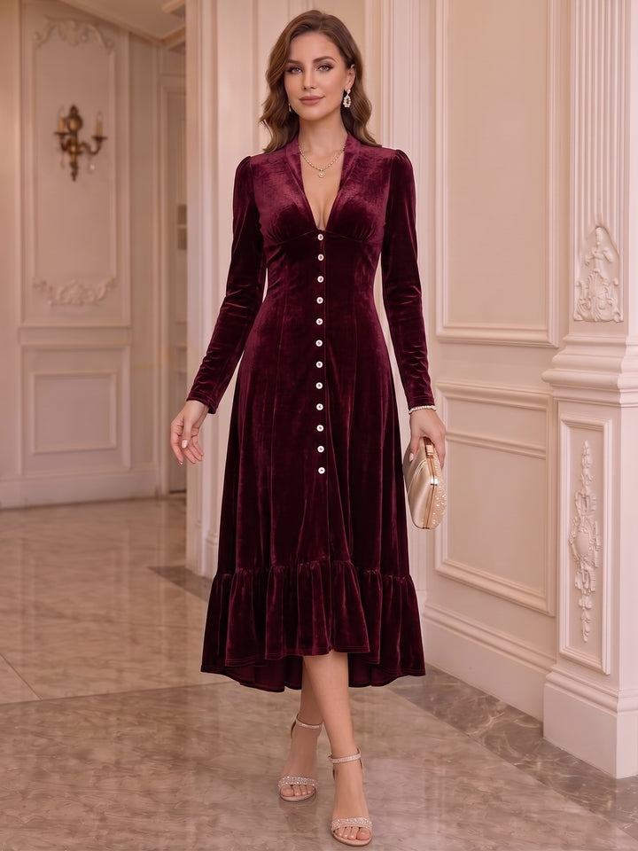 A-Line/Princess V-Neck Velvet Cocktail Dresses Long Sleeves Buttons Tea-Length Ruffles Party Dresses