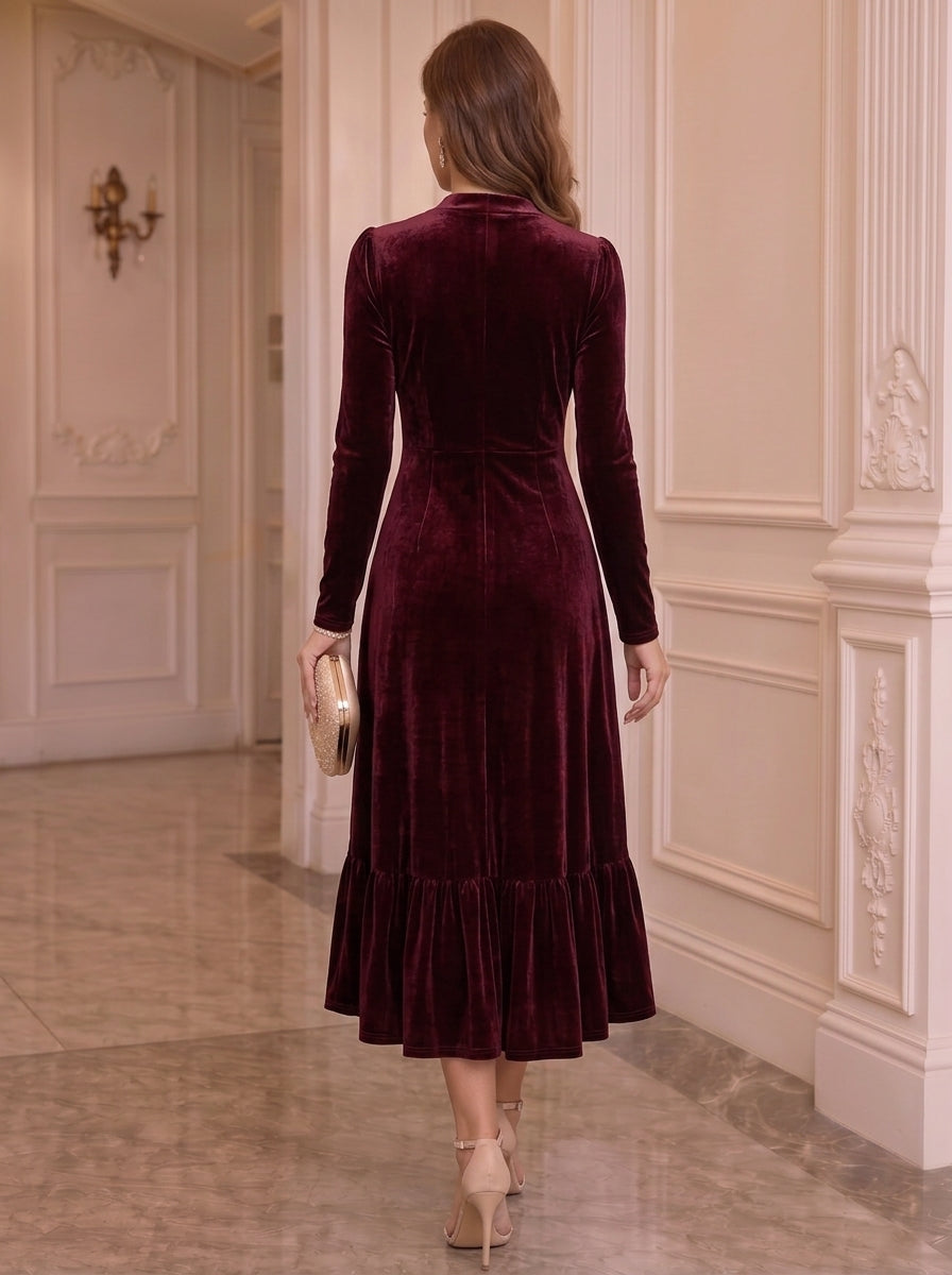 A-Line/Princess V-Neck Velvet Cocktail Dresses Long Sleeves Buttons Tea-Length Ruffles Party Dresses