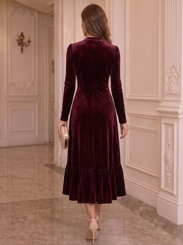 A-Line/Princess V-Neck Velvet Cocktail Dresses Long Sleeves Buttons Tea-Length Ruffles Party Dresses