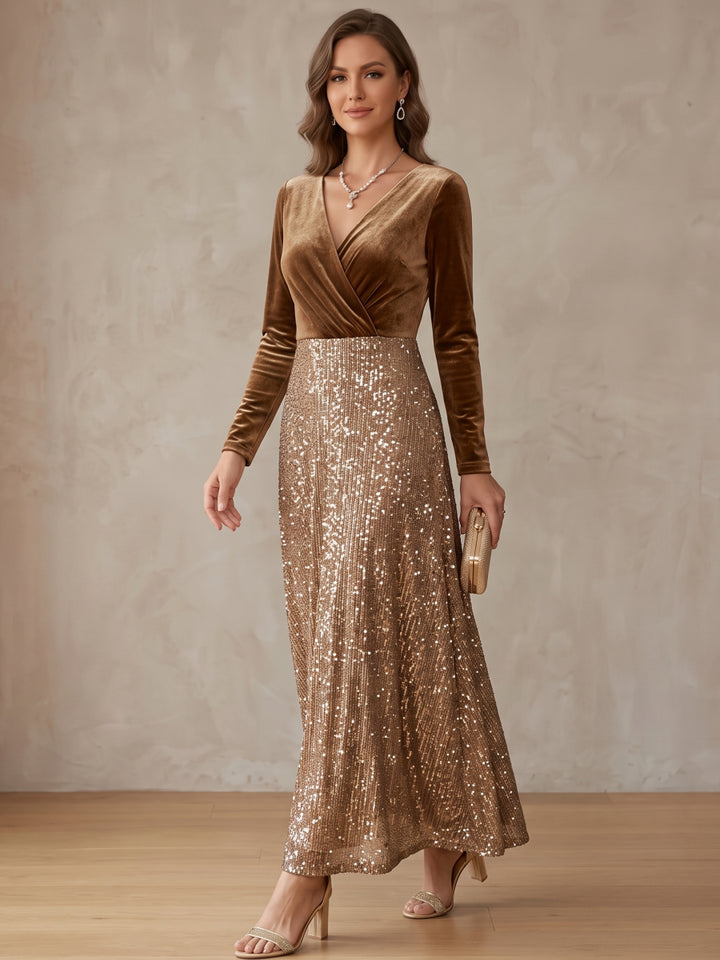 A-Line/Princess V-Neck Velvet Cocktail Dresses Sequins Long Sleeves Ruched Ankle-Length Party Dresses