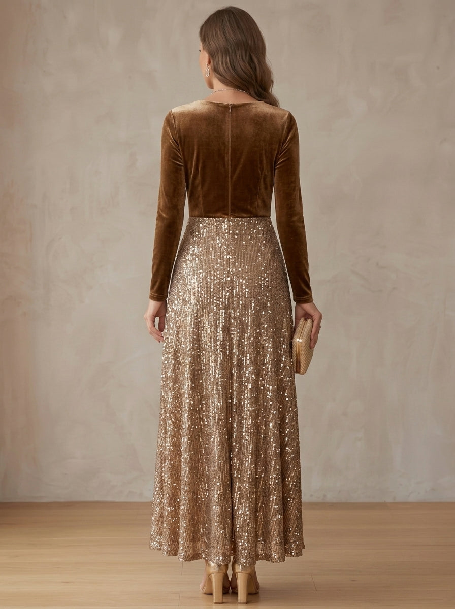 A-Line/Princess V-Neck Velvet Cocktail Dresses Sequins Long Sleeves Ruched Ankle-Length Party Dresses