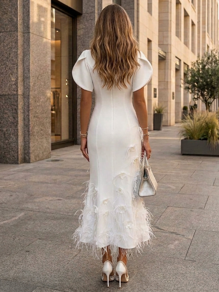 Trumpet/Mermaid Boat Neck Stretch Satin Cocktail Dresses with Feathers&3D Flowers Tea-Length Short Sleeves Little White Dresses Party Dresses